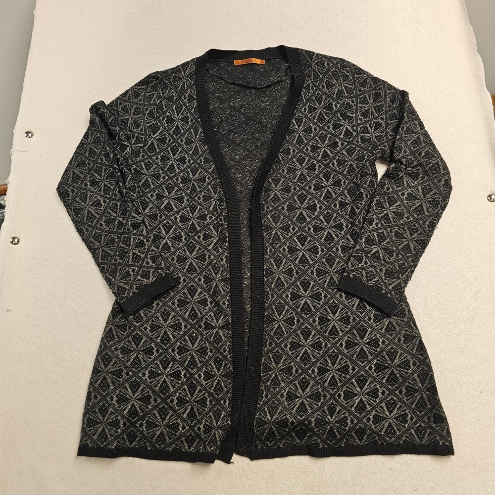 Belldini Womens Black Silver Geometric Starburst Open Front Cardigan Sweater L